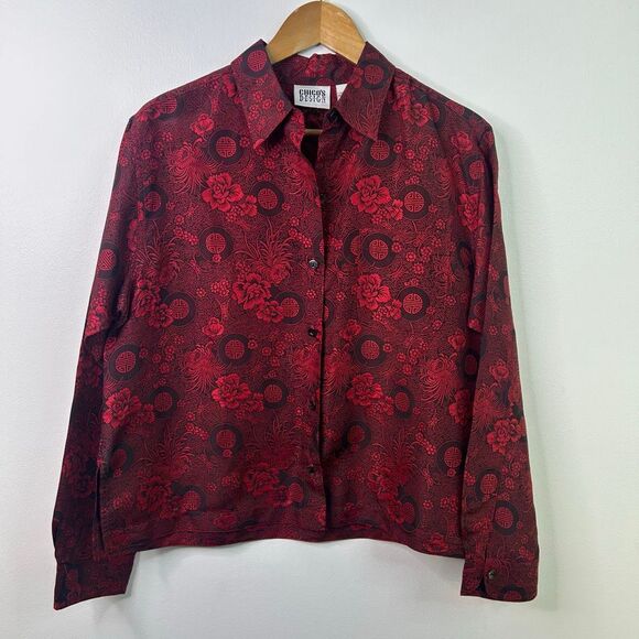 Vintage Chico’s Design 100% Silk Red Black Floral Asian Button Up Top Shirt Sz 1 - Picture 1 of 11